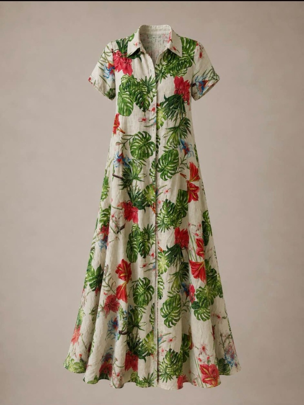 Floral Tropical Botton-Front Short-Sleeve Maxi Dress - Cream/Green/Red